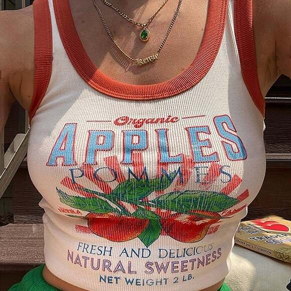 Unbranded Tops - Women's Organic Apples Ribbed Cropped Camisole Tank Red Trim Graphic Print Top S